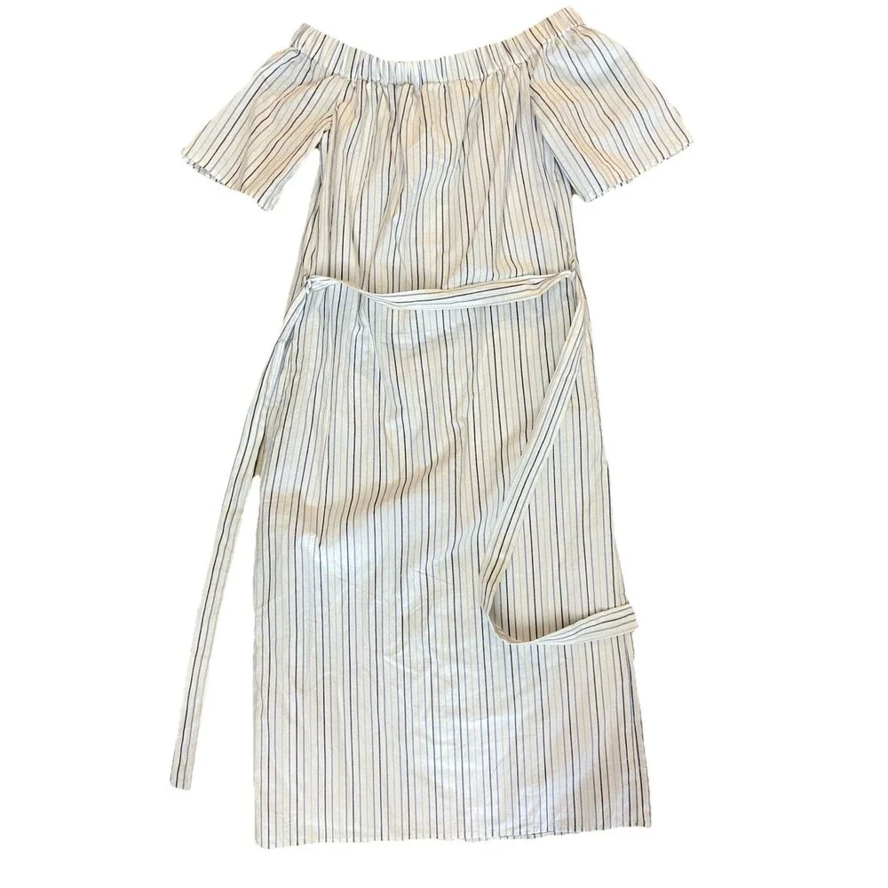 Charles Henry XS Off Shoulder Midi Dress White Blue‎ Stripe Belted Cotton Lined